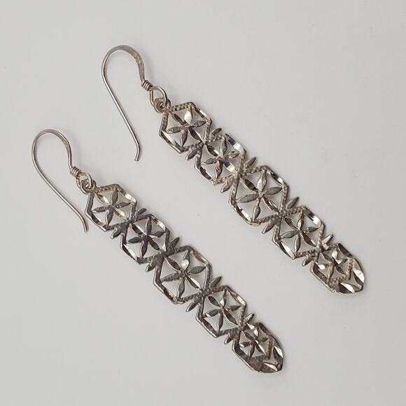 Sterling Silver Flower / Snowflake Diamond Cut Dangle Hook Earrings - Picture 3 of 6